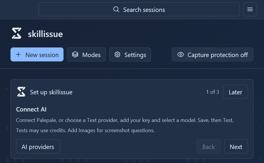 The native skillissue workspace showing New session, Modes, Settings, and the Capture protection control.